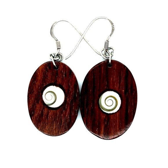 Silver 925 Hook Wooden Swirl Earrings - Picture 1 of 6